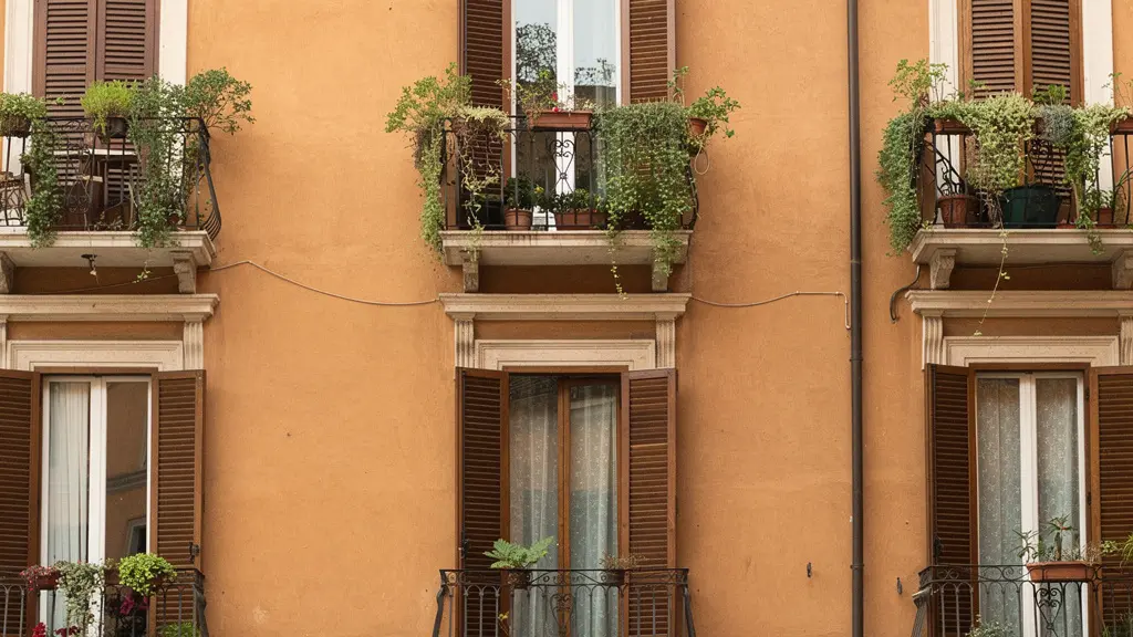 Facciata di palazzo residenziale romano con balconi in ferro battuto e persiane