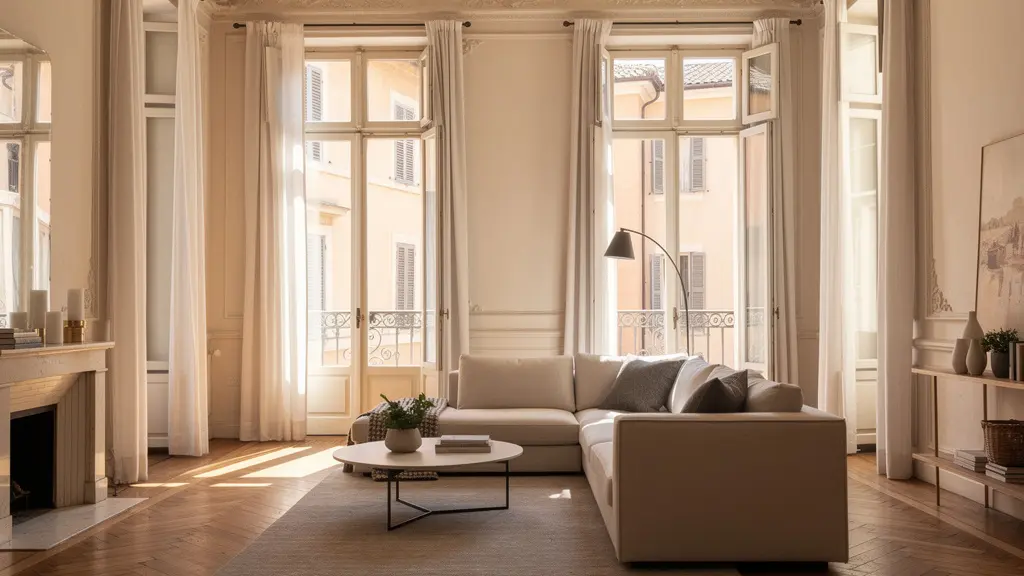 Interno di appartamento romano con alti soffitti, parquet e luce naturale