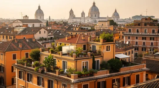Vista panoramica sui tetti di Roma con palazzi residenziali ocra e terrazze verdi